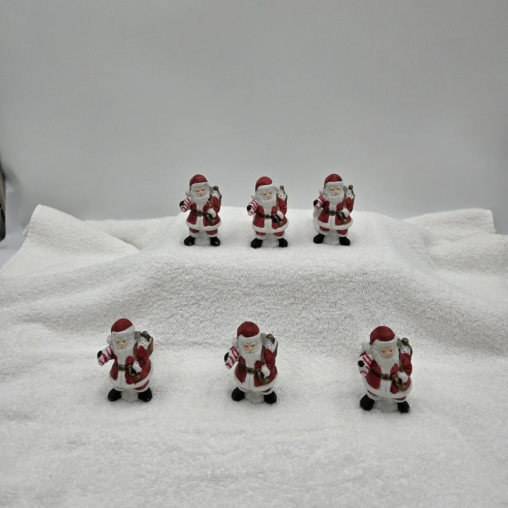 Vtg Santa Claus W/ Bag Candy Cane Ceramic Napkin Rings Hand Painted Set of 6